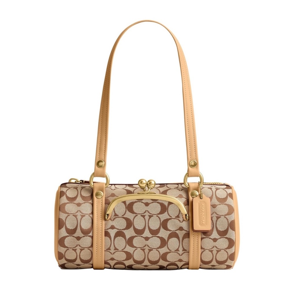 New Coach Signature Canvas Kisslock Barrel Bag 28 Brown and Tan Gold Hardware